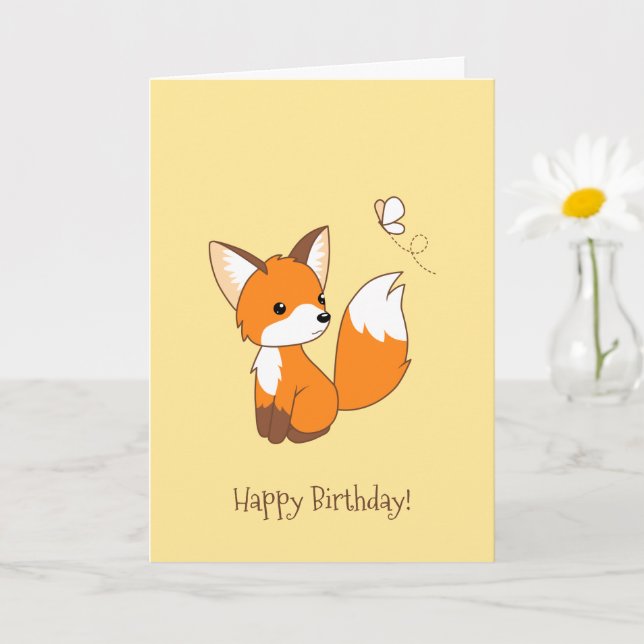Cute Little Fox Watching Butterfly Birthday Card (Small Plant)