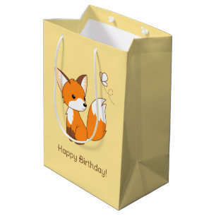 Cute Little Fox Watching Butterfly Birthday Yellow Medium Gift Bag