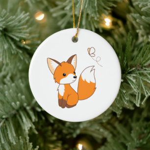 Cute Little Fox Watching Butterfly Ceramic Tree Decoration