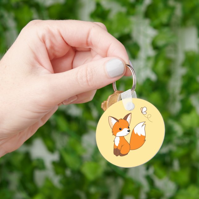Cute Little Fox Watching Butterfly Key Ring (Hand)