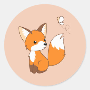 Cute Little Fox Watching Butterfly on Peach Classic Round Sticker