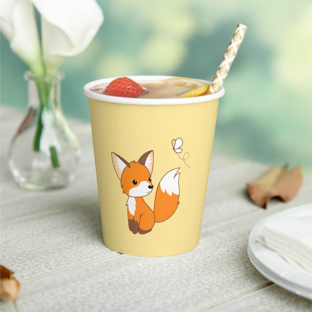 Cute Little Fox Watching Butterfly on Yellow Paper Cups (Insitu)
