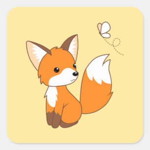 Cute Little Fox Watching Butterfly on Yellow Square Sticker