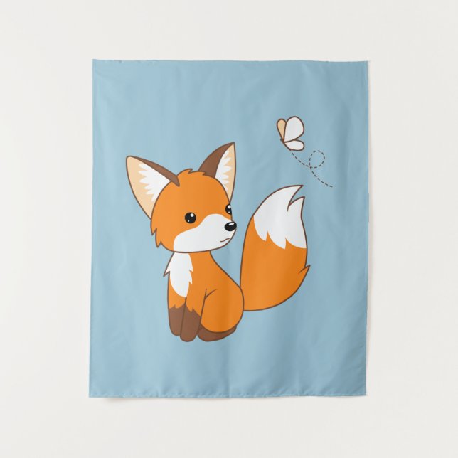 Cute Little Fox Watching Butterfly Tapestry (Front)