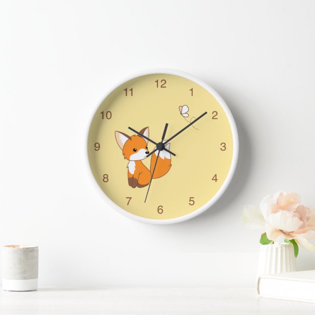 Cute Little Fox Watching Butterfly Yellow Clock (Home)