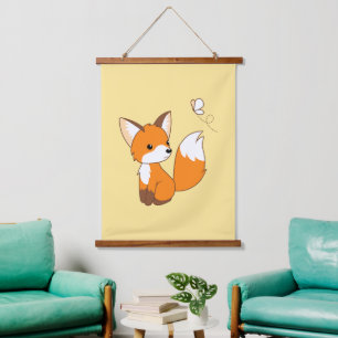 Cute Little Fox Watching Butterfly Yellow Hanging Tapestry