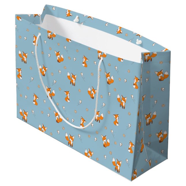 Cute Little Foxes Pattern on Blue Large Gift Bag (Back Angled)