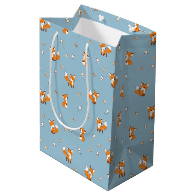 Cute Little Foxes Pattern on Blue Medium Gift Bag (Back Angled)