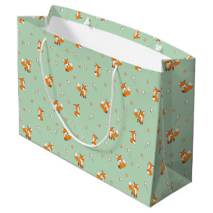 Cute Little Foxes Pattern on Green Large Gift Bag