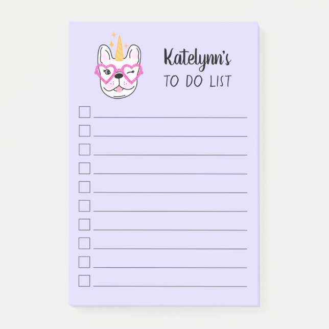 Cute Little Frenchie Unicorn | Purple Personalised Post-it Notes (Front)