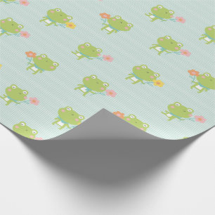 Cute Little Frogs with flowers on mint stripe Wrapping Paper
