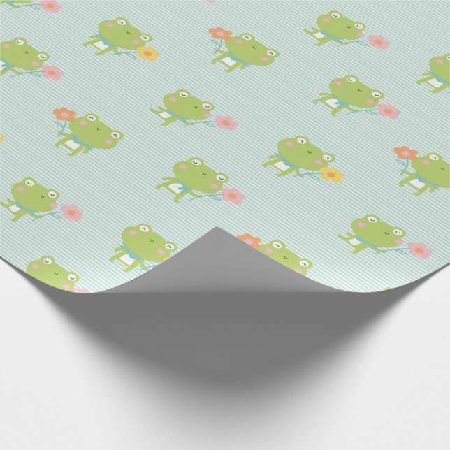 Cute Little Frogs with flowers on mint stripe Wrapping Paper (Corner)