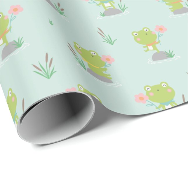 Cute Little Frogs  with flowers on mint Wrapping Paper (Roll Corner)