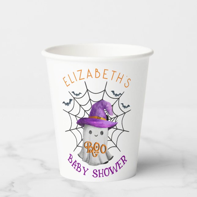 Cute little ghost and spiderweb BOO baby shower Paper Cups (Front)