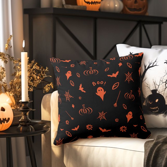Cute Little Ghost Black n Orange Halloween Cushion (Creator Uploaded)