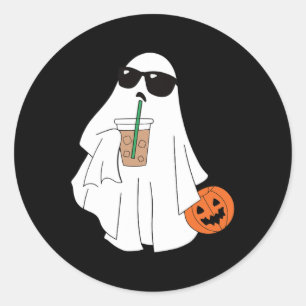 Cute Little Ghost Drinking Coffee Halloween Spooky Classic Round Sticker