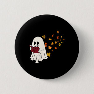 Cute Little Ghost Reading Book Under Fall Leaves W 6 Cm Round Badge