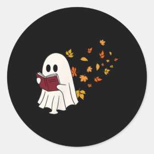 Cute Little Ghost Reading Book Under Fall Leaves W Classic Round Sticker