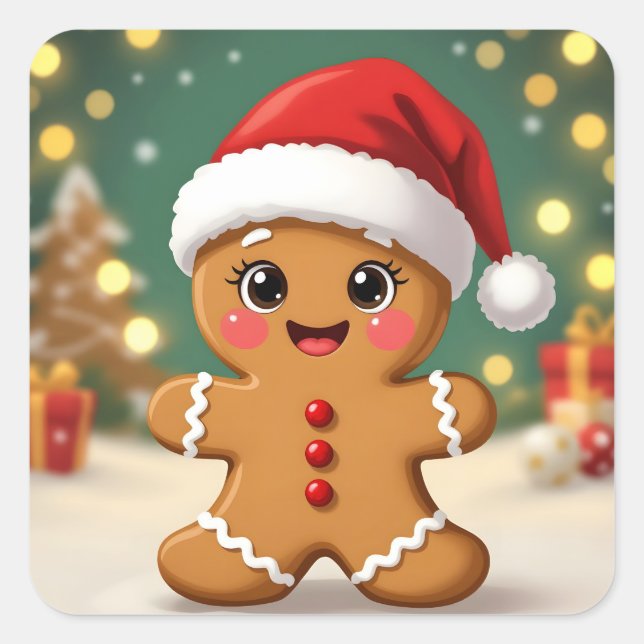 Cute little gingerbread man with Christmas hat Square Sticker (Front)