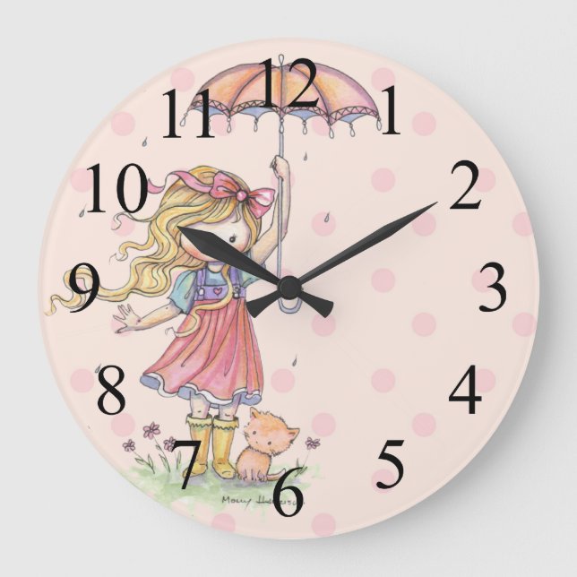 Cute Little Girl and Ktty Pink Polkadot Clock (Front)
