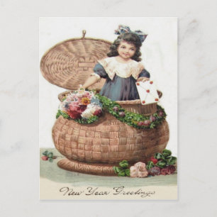 Cute Little Girl Basket Wreath Garland Letter Postcard