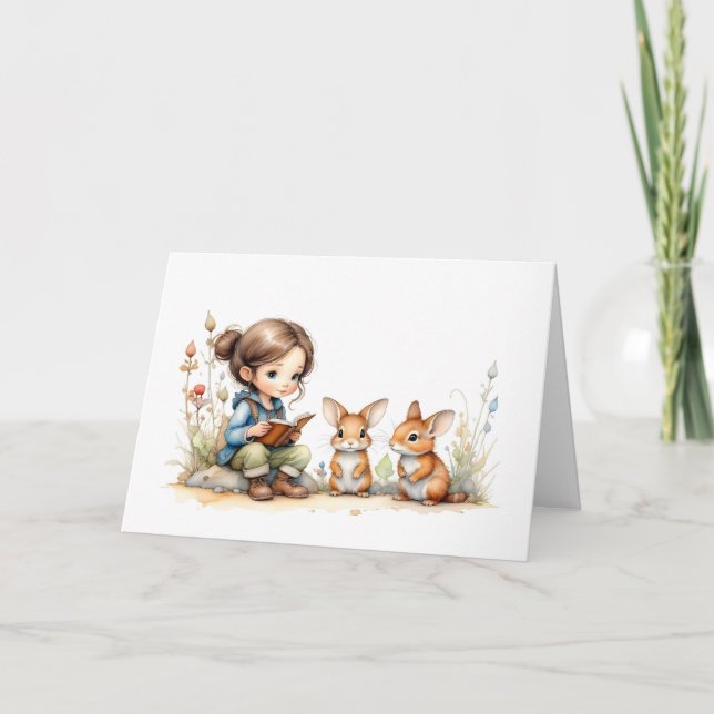 Cute Little Girl Blue Eyes Book Rabbits Flowers  Card (Front)