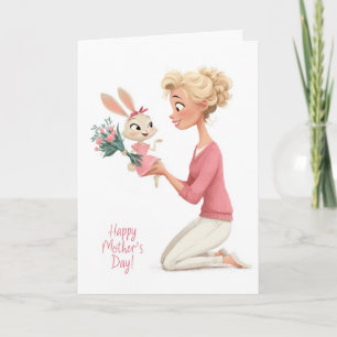 Cute Little Girl Bunny Bringing Mama Flowers Card