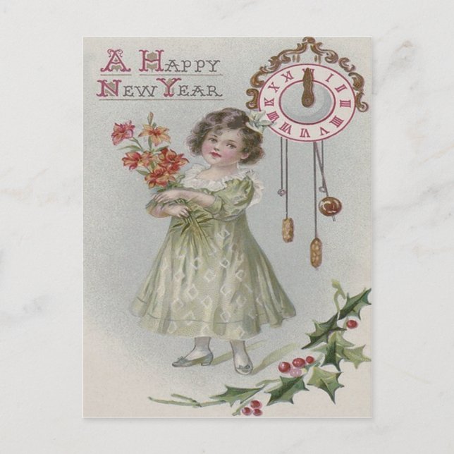 Cute Little Girl Clock Midnight Holly Flowers Postcard (Front)