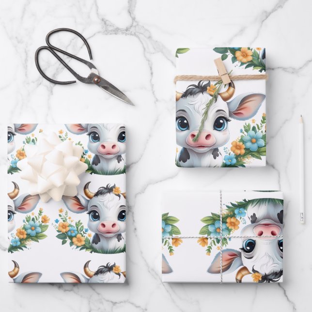 Cute little girl cow in flowers  wrapping paper sheet (Front)