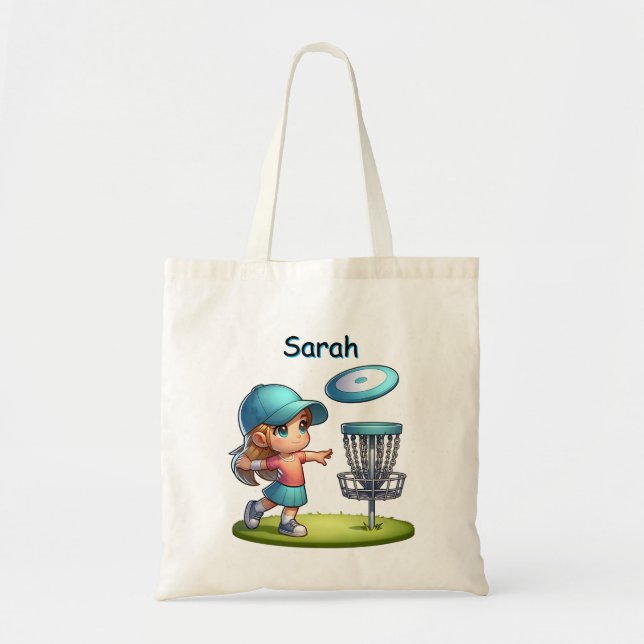 Cute Little Girl Disc Golf Cartoon Personalised Tote Bag (Front)