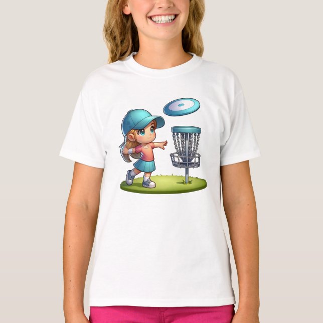 Cute Little Girl Disc Golf Cartoon  T-Shirt (Front)