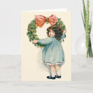 Cute Little Girl Holly Wreath Pink Bow Holiday Card
