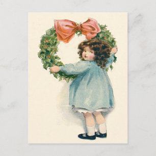Cute Little Girl Holly Wreath Pink Bow Postcard