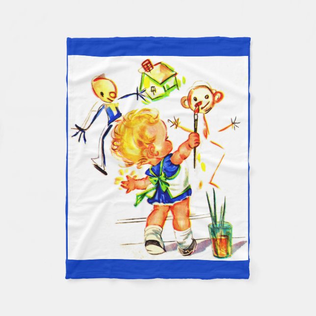cute little girl painting on the wall print fleece blanket (Front)