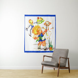 cute little girl painting on the wall print tapestry