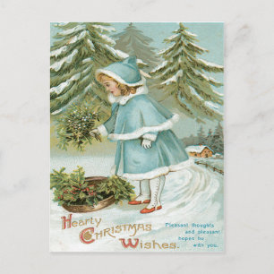 Cute Little Girl Picking Holly Snow Postcard
