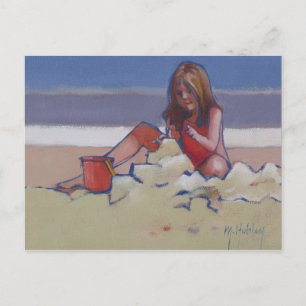 Cute little girl playing in sand postcard