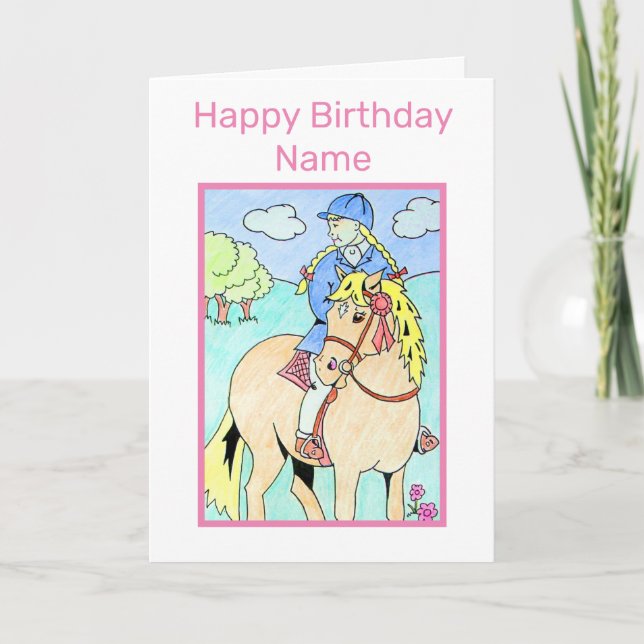 Cute Little Girl Riding Pony Cartoon Birthday Card (Front)