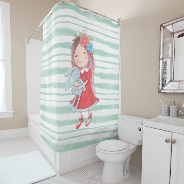 Cute Little Girl Stuffed Bunny Toy Animal Kids Shower Curtain (In Situ)