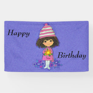 Cute Little Girl white Boots Flowers on Purple Banner