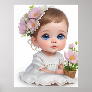 Cute Little Girl With Blue Eyes and Flowers in Hai Poster