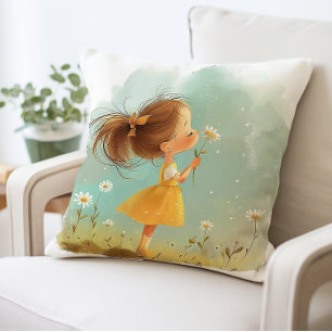 Cute Little Girl with Flowers Pillow, Whimsical Cushion