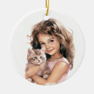 CUTE LITTLE GIRL WITH HER KITTEN CERAMIC TREE DECORATION