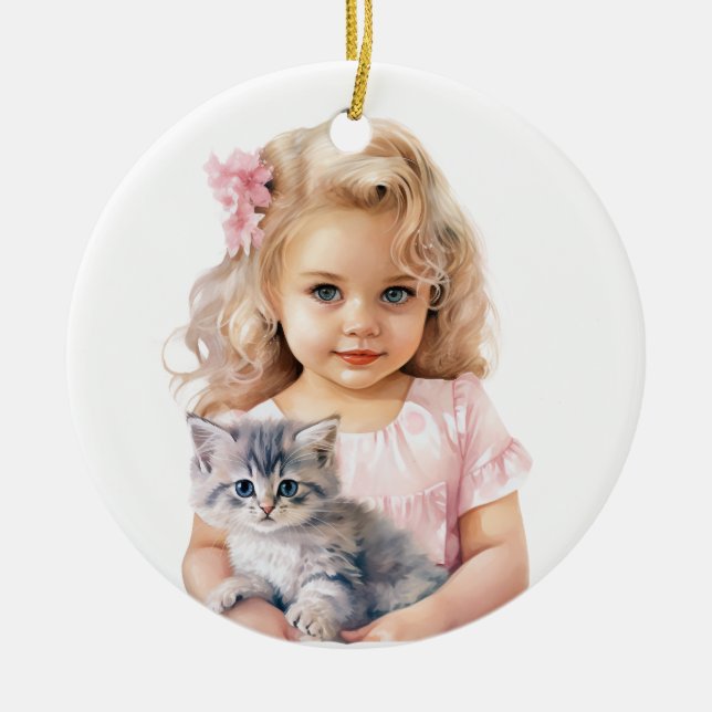 CUTE LITTLE GIRL WITH HER KITTEN CERAMIC TREE DECORATION (Front)