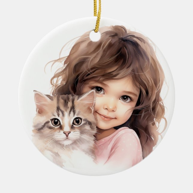 CUTE LITTLE GIRL WITH HER KITTEN CERAMIC TREE DECORATION (Front)
