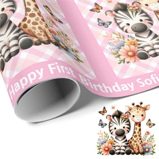 Cute Little Girl's Birthday Add Name Zoo Animals Wrapping Paper (Creator Uploaded)