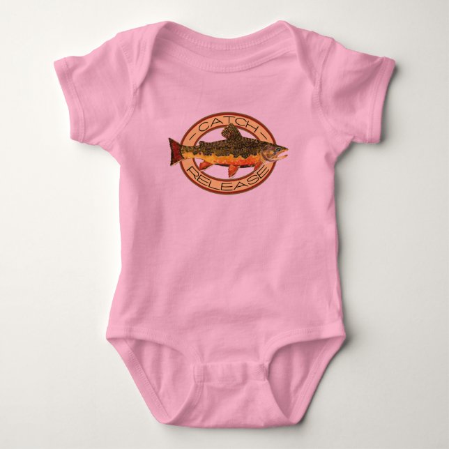 Cute Little Girl's Pink Brook Trout Fishing Baby Bodysuit (Front)