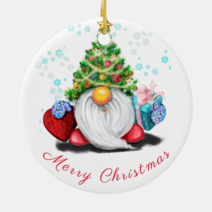Cute Little Gnome with Christmas Tree Hat and Gift Ceramic Tree Decoration