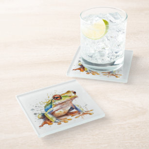 Cute little green tree frog in watercolor glass coaster