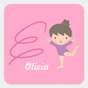 Cute Little Gymnast Girl and Ribbon Gymnastics Square Sticker